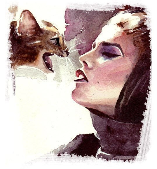 Девушка и кошка живопись