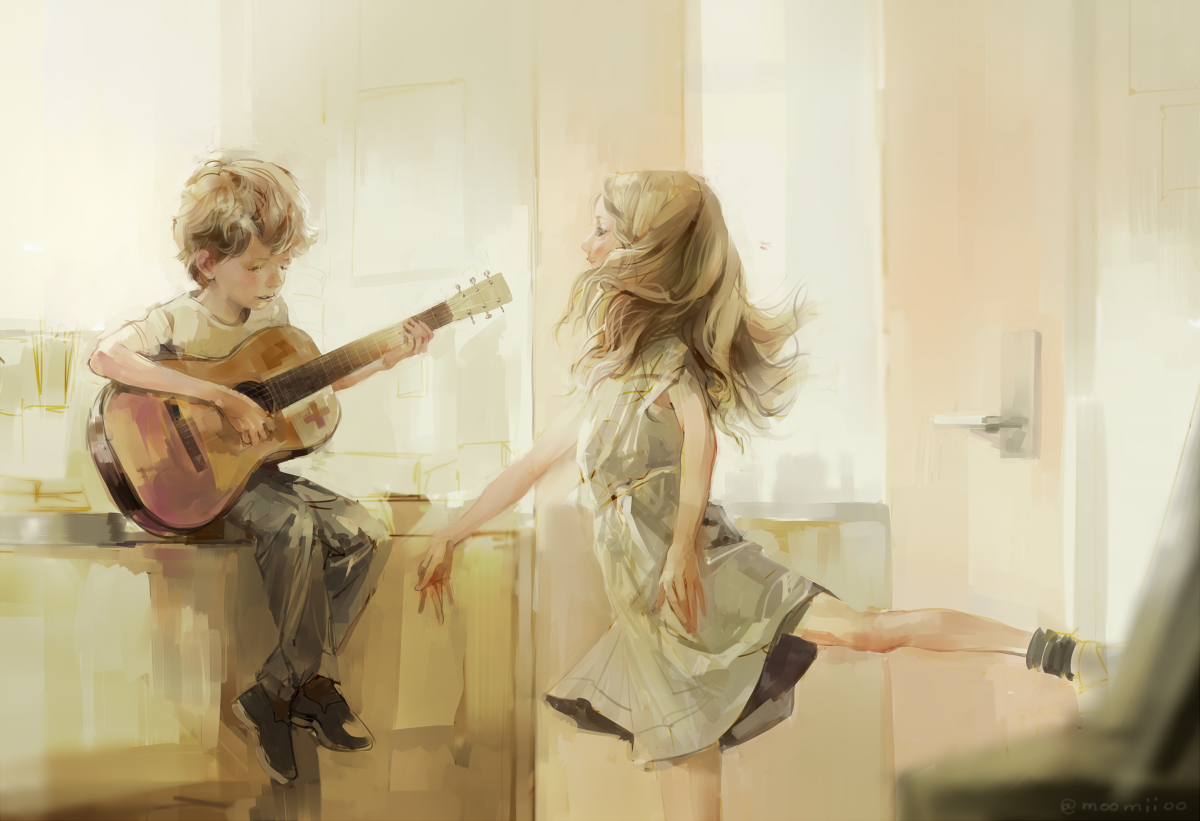 Исполняя мечты песня. Мальчик и девочка с гитарой. Мальчик и девочка живопись. Картины с детьми. Девушка с гитарой акварель.