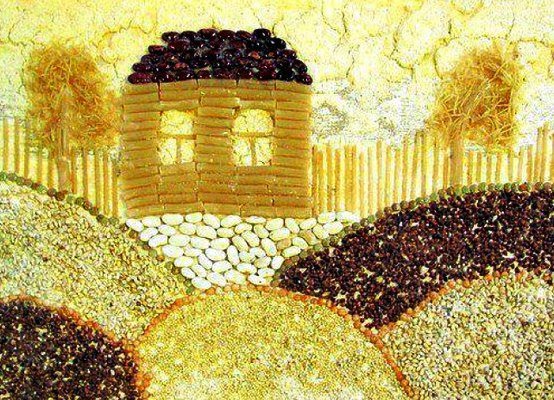 Аппликации из круп и макарон
