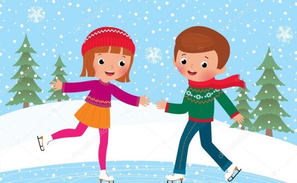 Мультяшные дети катаются на коньках