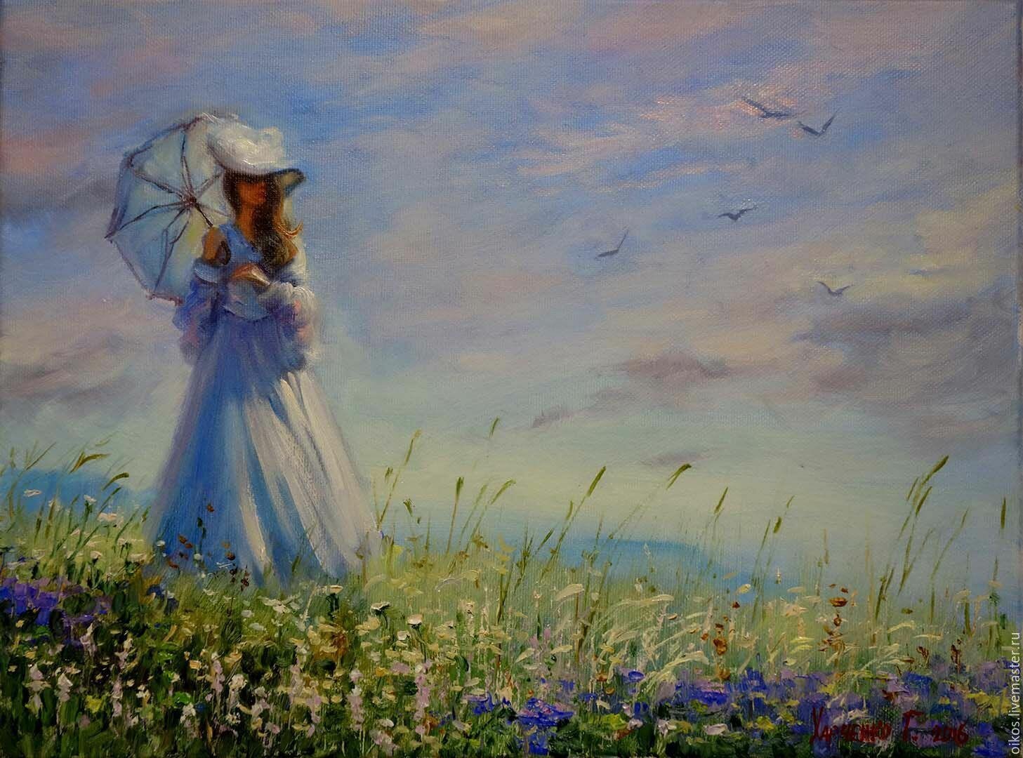 Девочка в шляпе на поле живопись