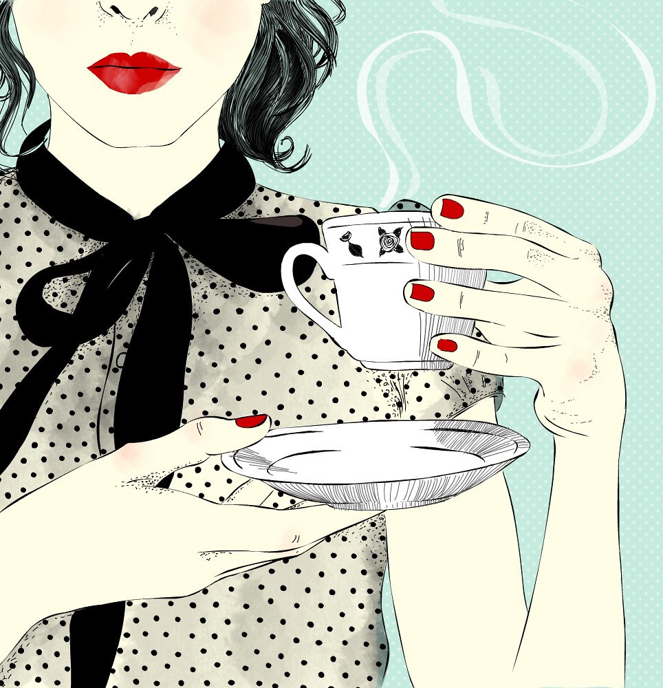 Нарисованная девушка с чашкой кофе
