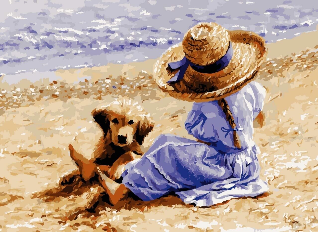 Девочка с собакой на берегу