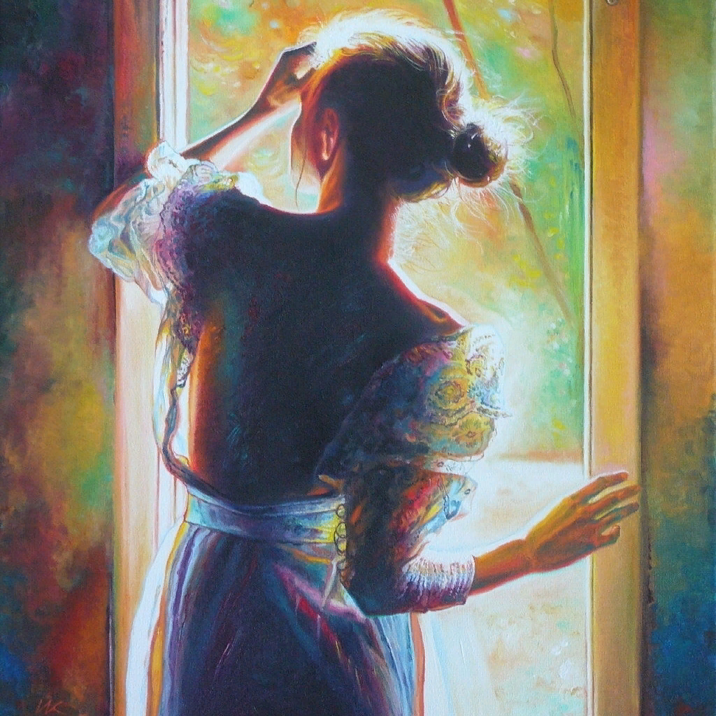 Картины женщина спиной. Свет в живописи. Женщина у окна живопись. Картина девушка.