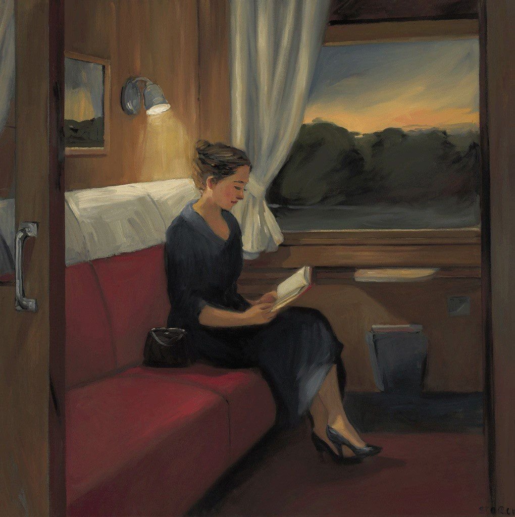 Женщина в купе поезда. Sally Storch художник.