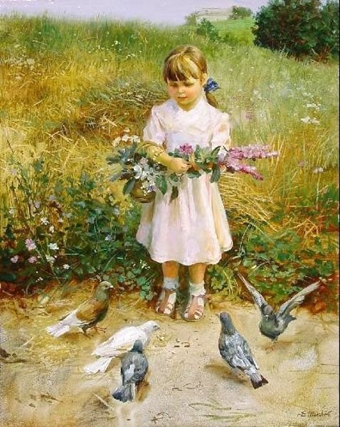 Девочка и голубь живопись