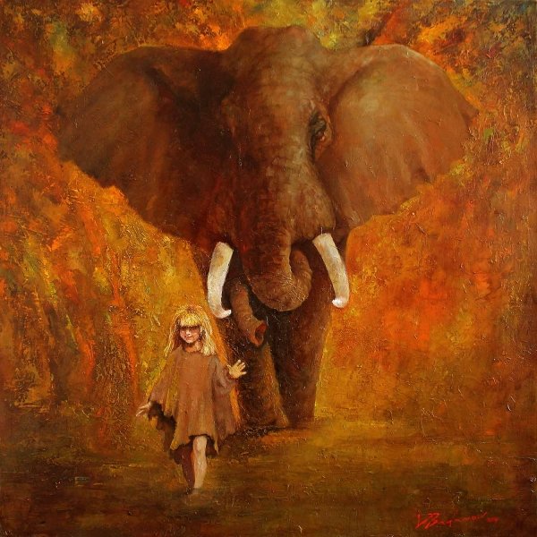 Девушка и слон арт