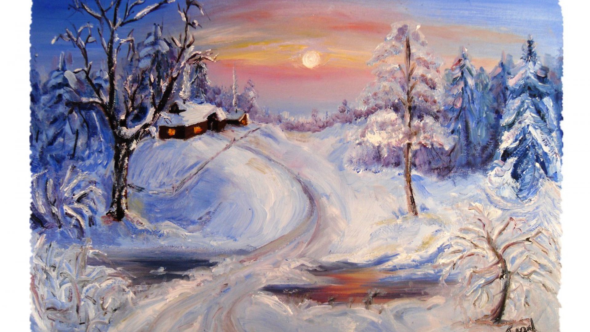 Зимний пейзаж живопись гуашью