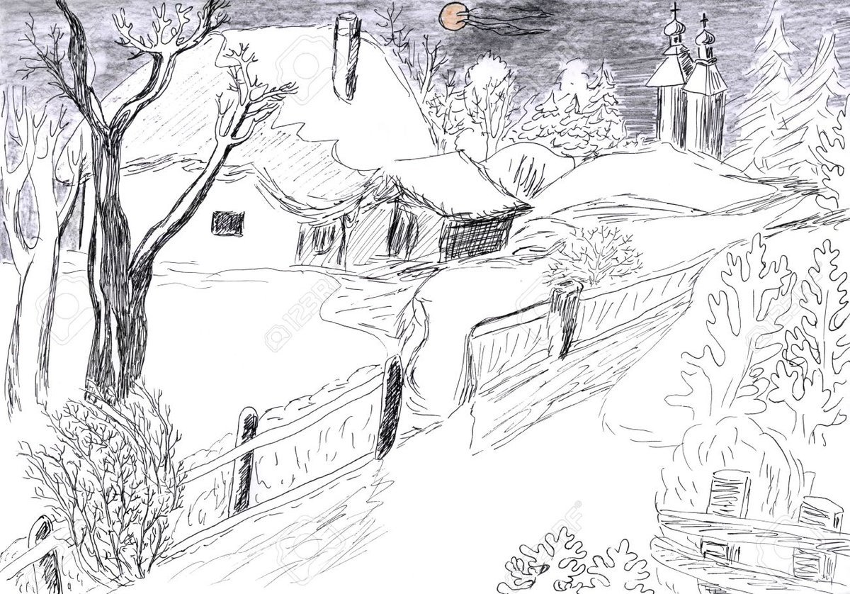Рисунок деревня зимой срисовка