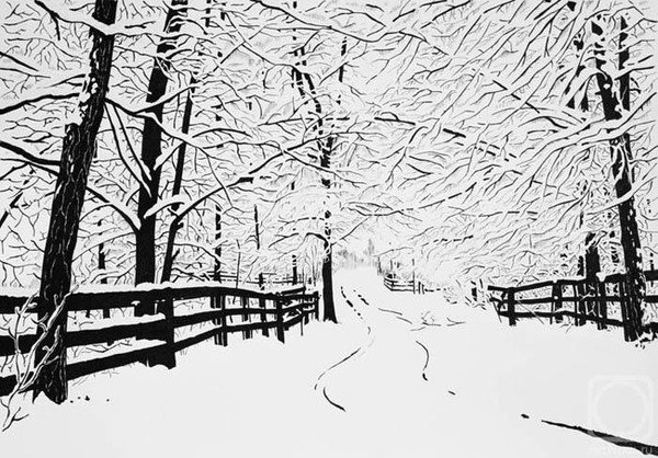 Зимний пейзаж тушью