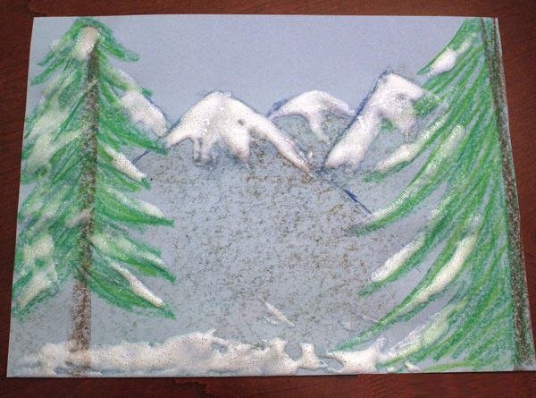 Рисование солью и клеем зимний пейзаж