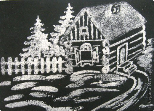 Зимний пейзаж на черной бумаге