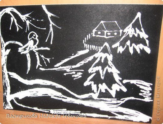 Зимний пейзаж на черном картоне