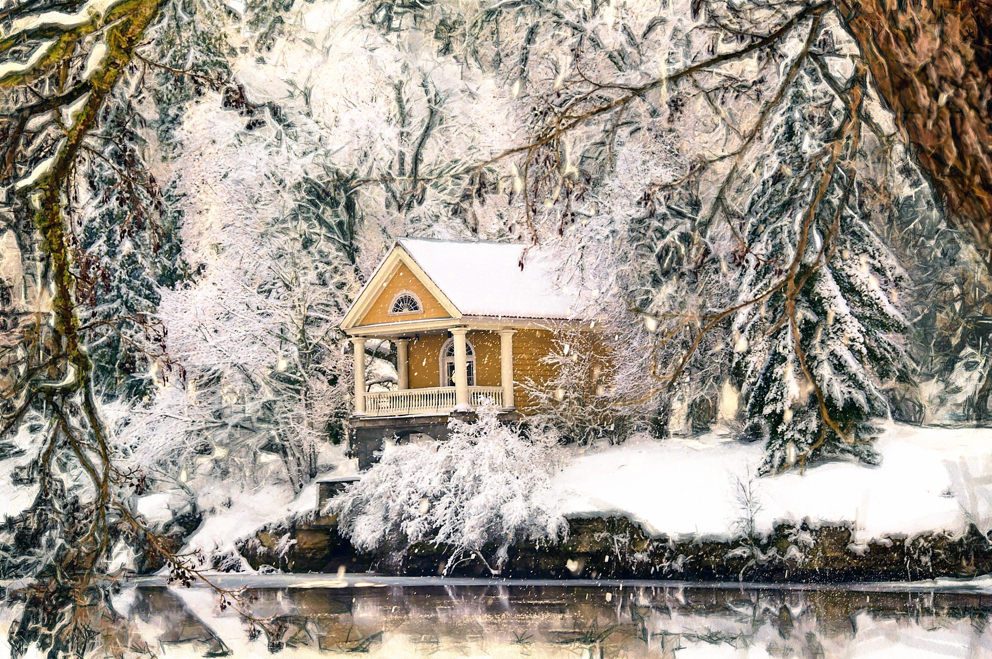 Красивый зимний пейзаж с домиком