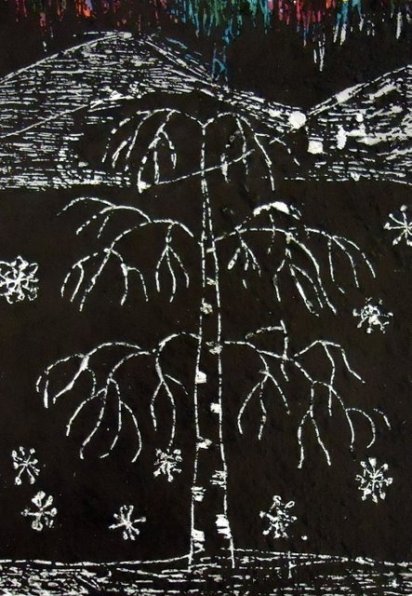 Граттаж зимний лес