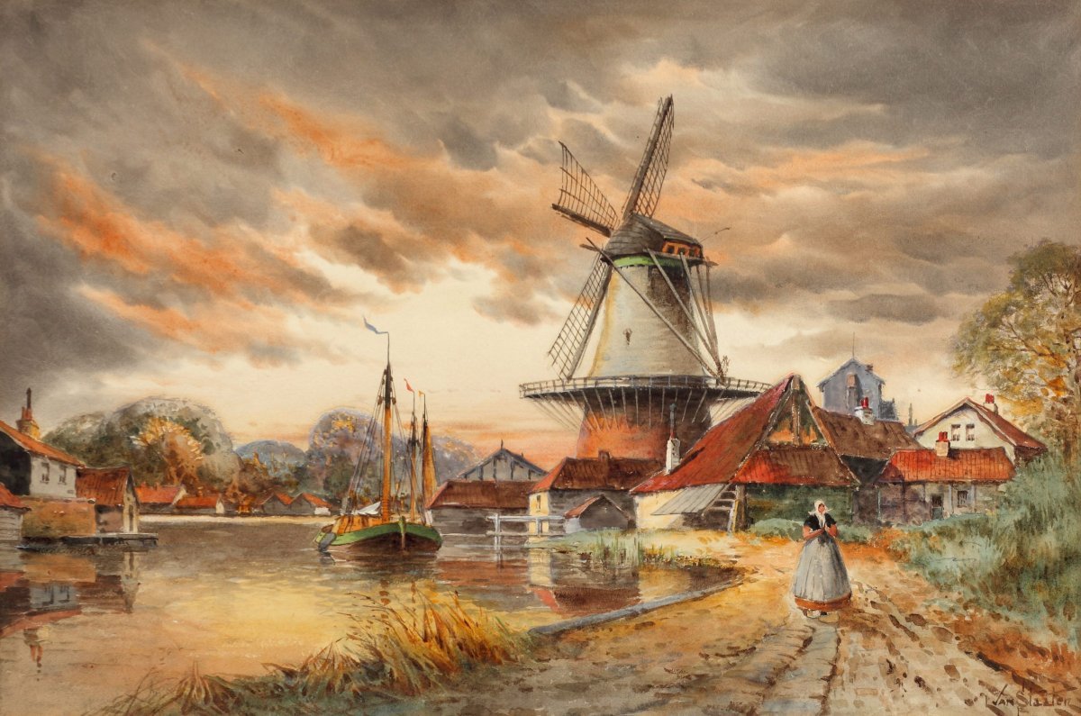 Художник Louis van Staaten 1836-1909 голландская гавань и Ветряные мельницы