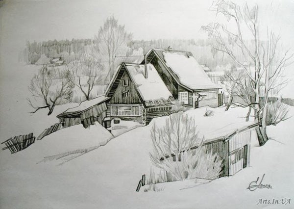 Зимний пейзаж карандашом