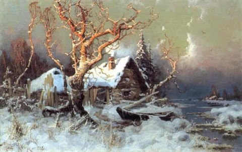 Ю Клевер зимний пейзаж с избушкой