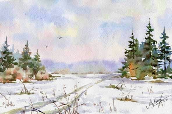 Зимний пейзаж акварель дорога