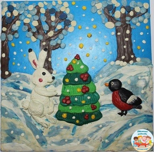Пластилиновая живопись зимний пейзаж