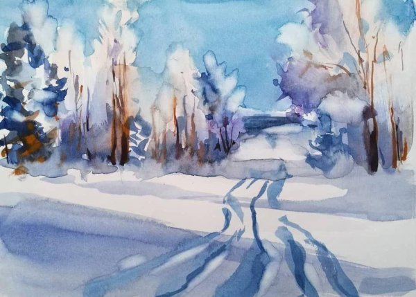 Легкий зимний пейзаж акварелью