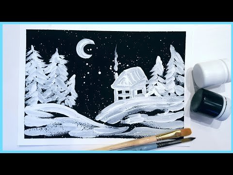 Зимний пейзаж на черном фоне белой гуашью