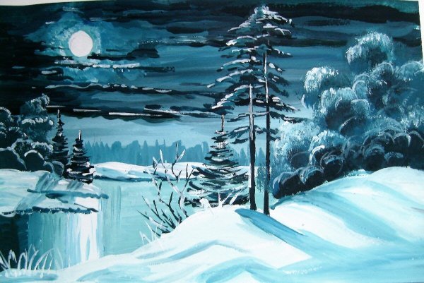 Пейзаж белой гуашью