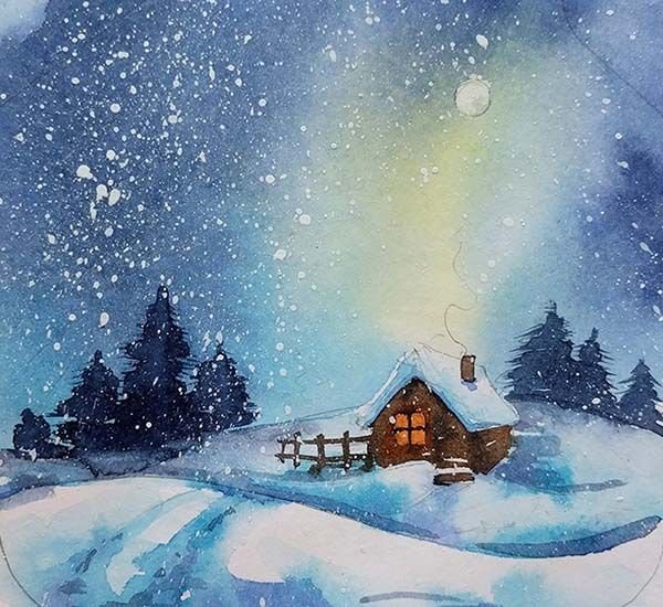 Новогодний пейзаж акварелью