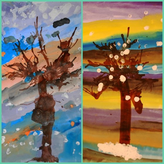 Рисование зимнего дерева кляксографией