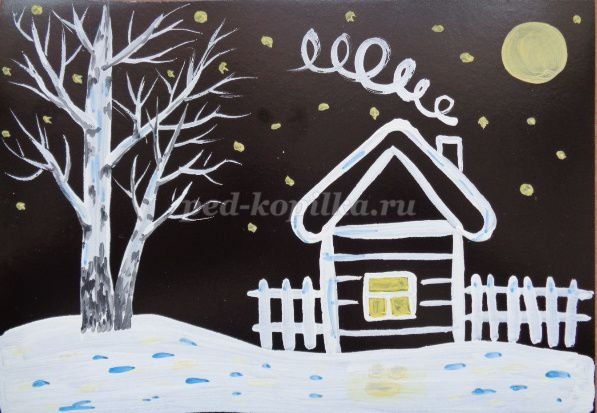 Зимний пейзаж на черном картоне