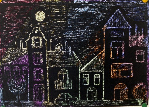 Техника рисования граттаж ночной город