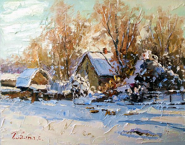 Живопись мастихином зима березы
