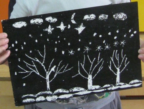 Зимний пейзаж на черном фоне белой гуашью для детей (50 фото)