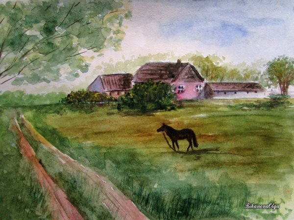 Деревенский пейзаж акварельюлёгкий