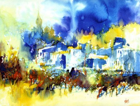 Зимний пейзаж акварель по сырому