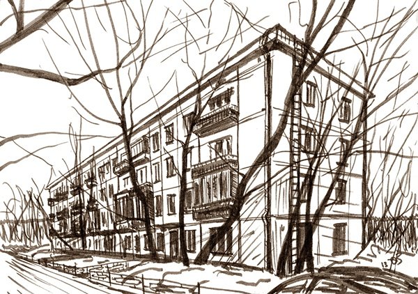 Городской пейзаж гелевой ручкой