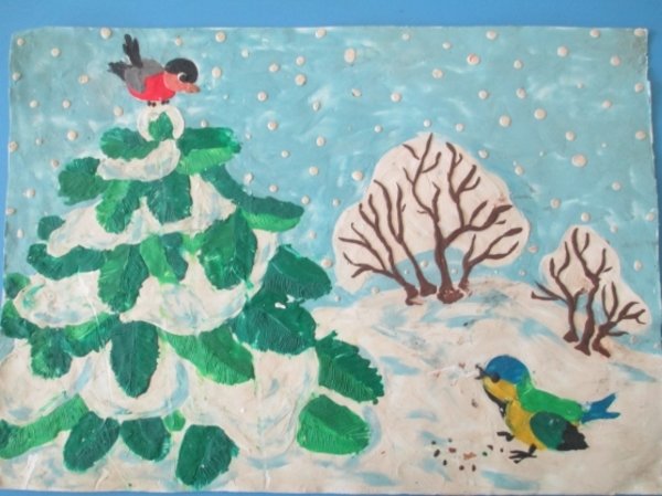 Зимний пейзаж пластилинография для детей (50 фото)