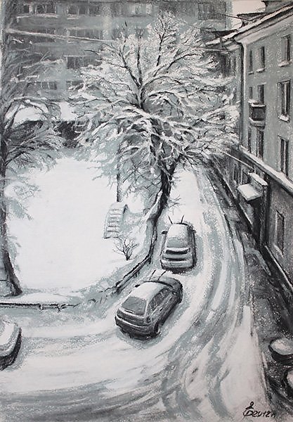 Рисунок деревня зимой срисовка