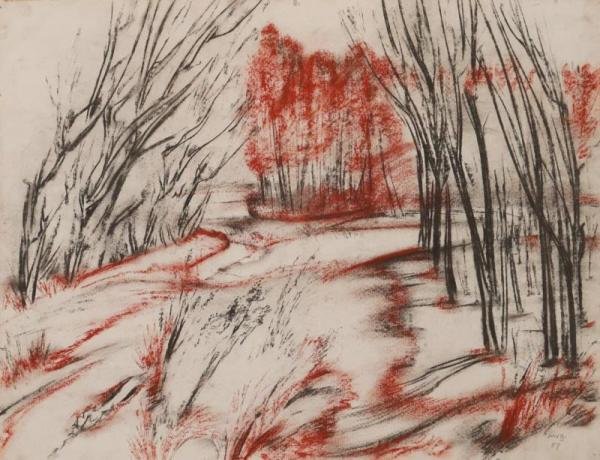 Деревья сангиной и углем