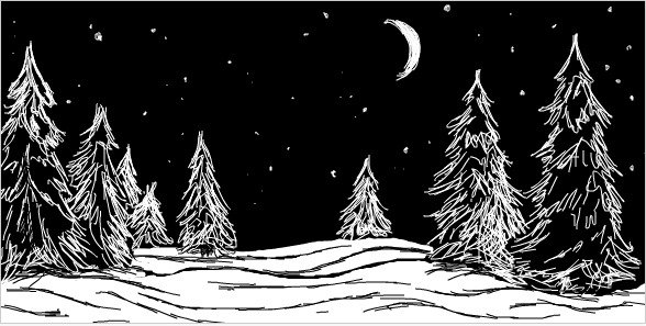 Зимний ночной пейзаж карандашом