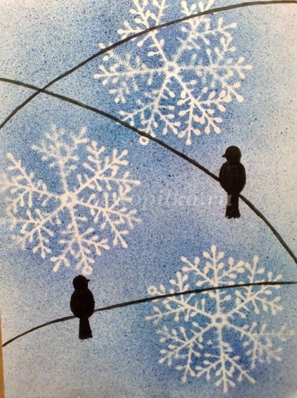 Набрызг рисование на тему зима