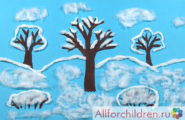 Аппликация из ваты зимний пейзаж