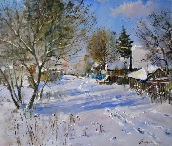 Зима в деревне живопись