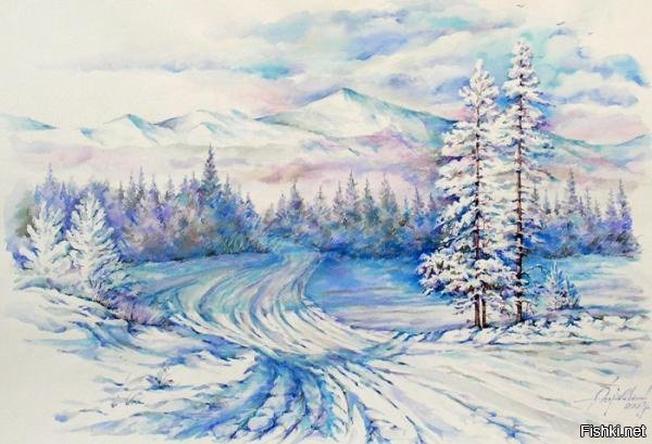 Зимний пейзаж акварелью для детей