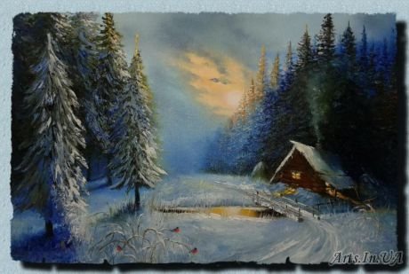 Зимний пейзаж с домиком живопись