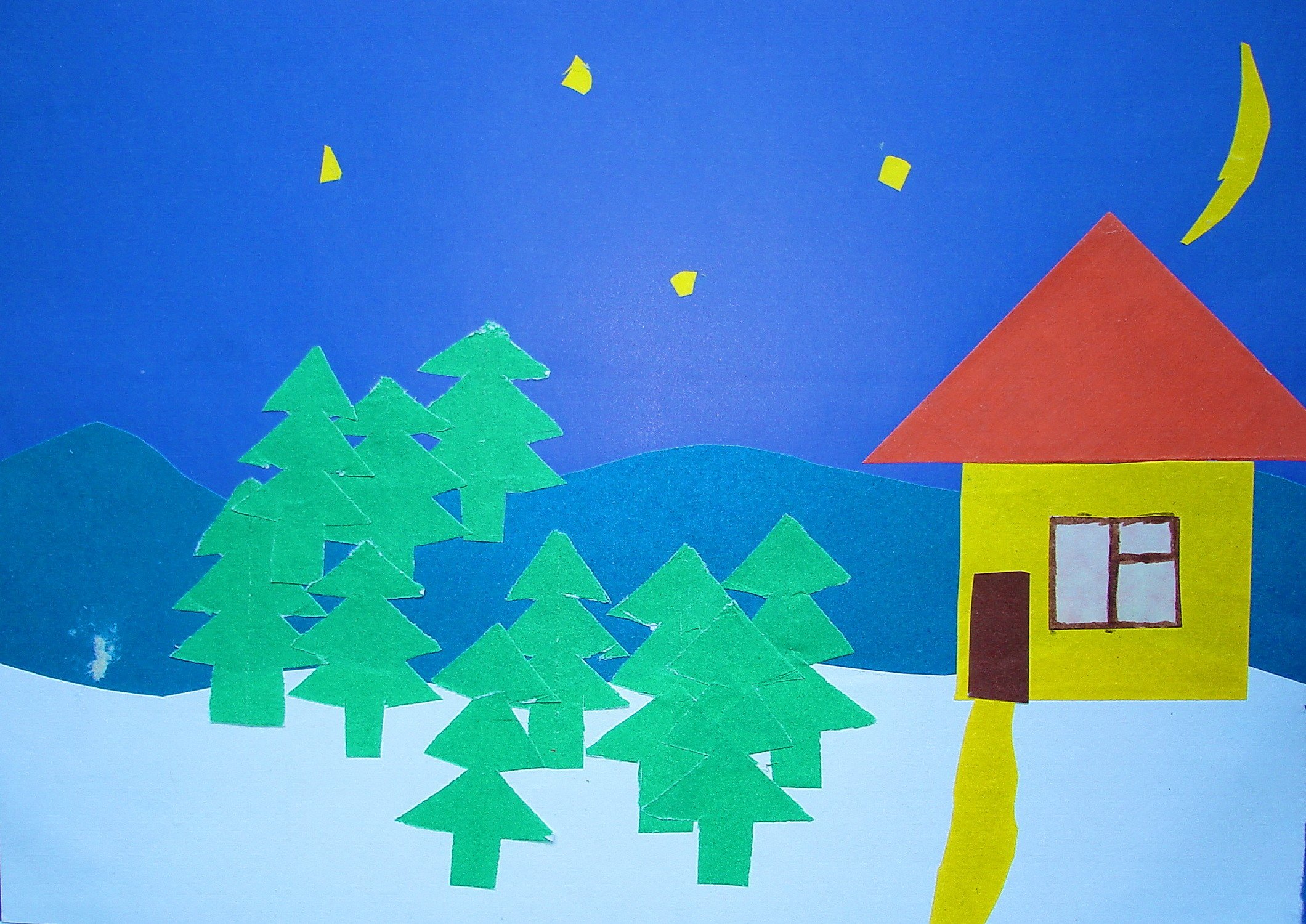 Зимний пейзаж из цветной бумаги для детей