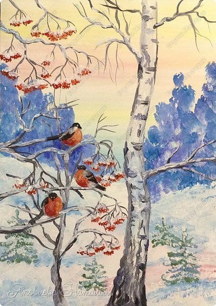 Зимний пейзаж акварелью для детей