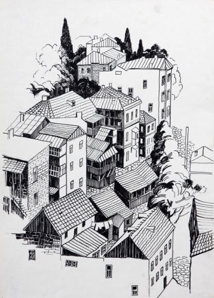 Архитектура в графике гелевой ручкой