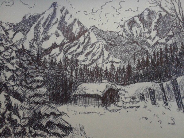 Горы черной гелевой ручкой