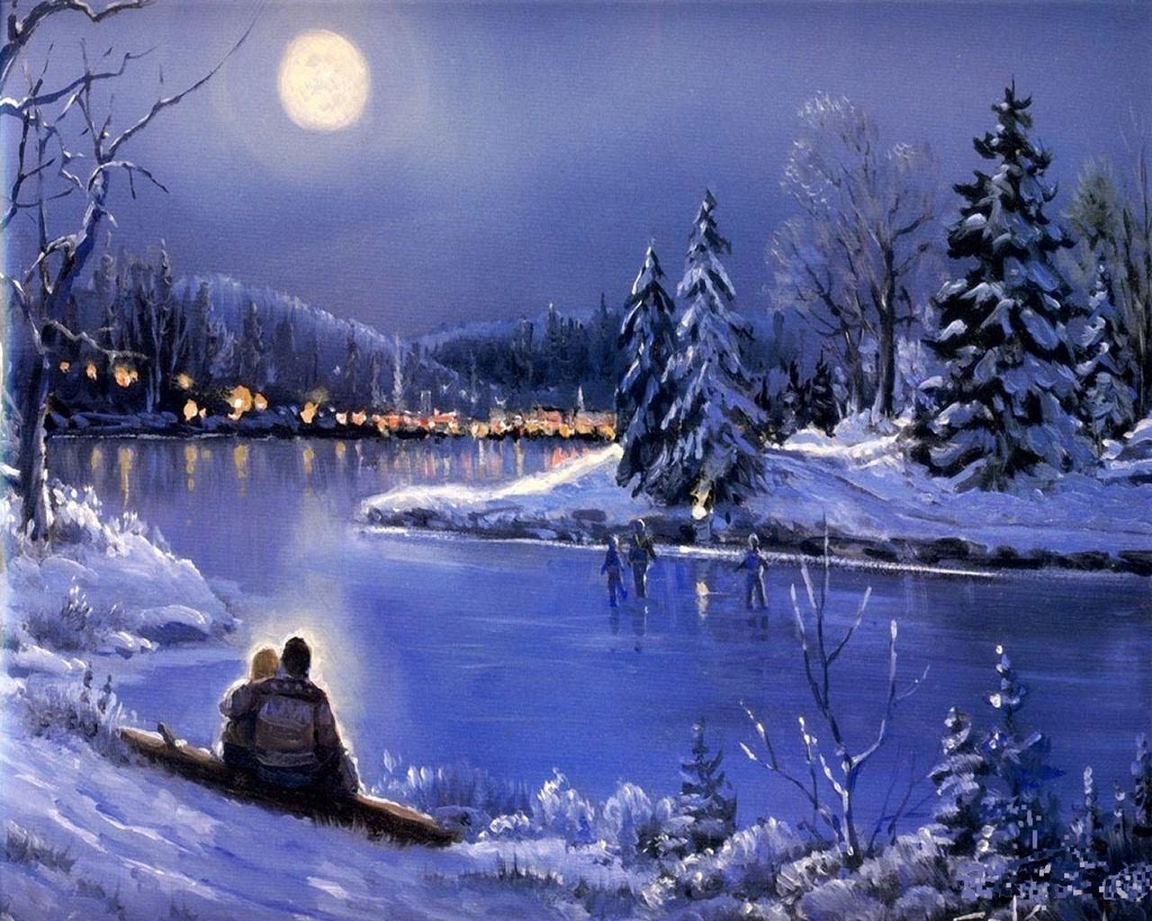 Зимний ночной пейзаж маслом